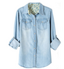 Casual Blue Lapel Long Sleeve Bleached Denim Blouse