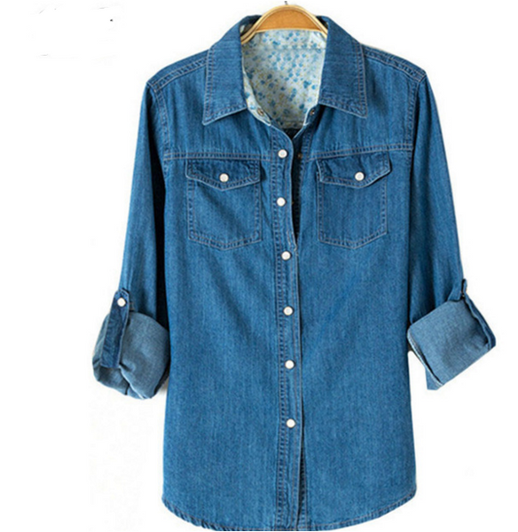 Casual Blue Lapel Long Sleeve Bleached Denim Blouse